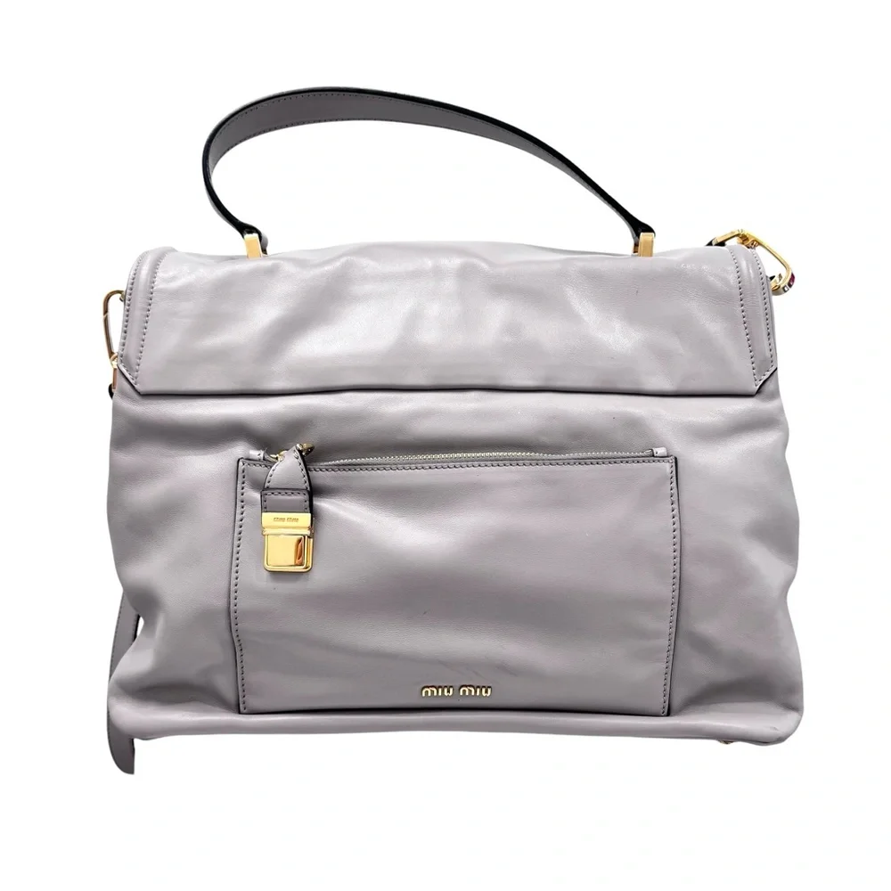 MIU MIU CLAY GREY VITELLO SOFT LEATHER TOP HANDLE FLAP SHOULDER BAG SATCHEL